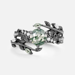Twine Round Cut Vine Moss Agate Engagement Ring Sets 2pcs.