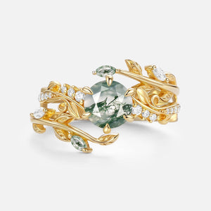 Twine Round Cut Vine Moss Agate Engagement Ring Sets 2pcs.