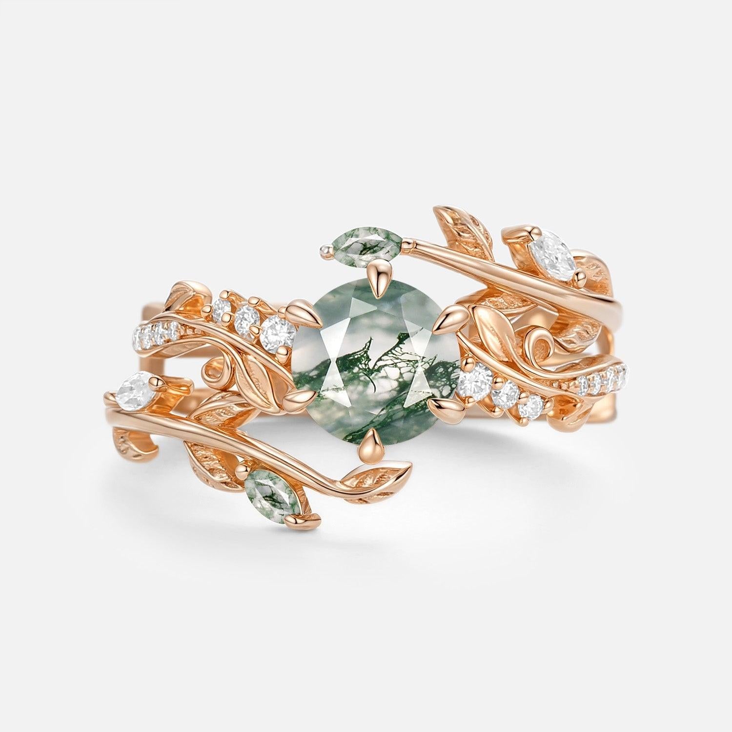 Twine Round Cut Vine Moss Agate Engagement Ring Sets 2pcs.
