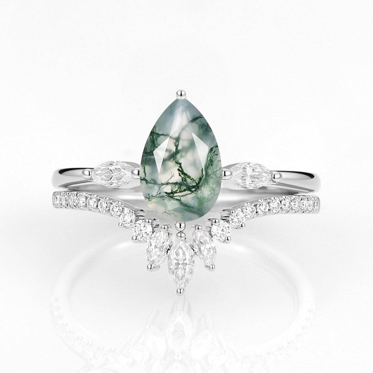 Iris’s Pinions | Pear Cut Moss Agate & Marquise Moissanite Bridal Set 2pcs.