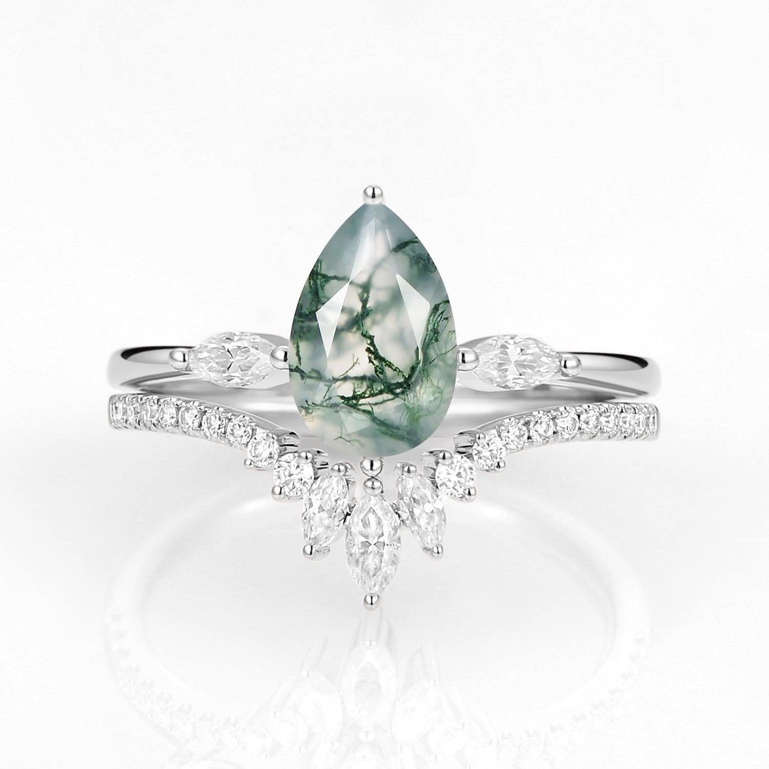 Iris’s Pinions | Pear Cut Moss Agate & Marquise Moissanite Bridal Set 2pcs.
