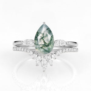 Iris’s Pinions | Pear Cut Moss Agate & Marquise Moissanite Bridal Set 2pcs.