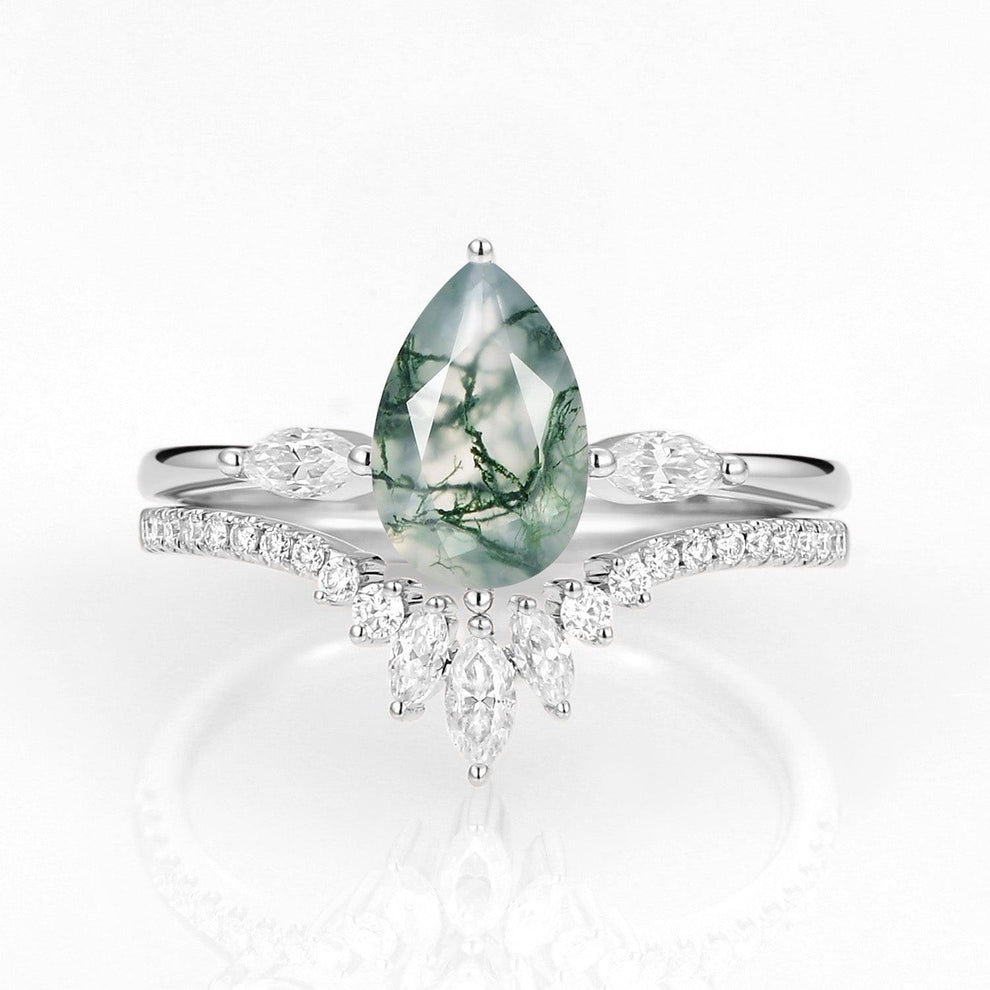 Iris’s Pinions | Pear Cut Moss Agate & Marquise Moissanite Bridal Set 2pcs.