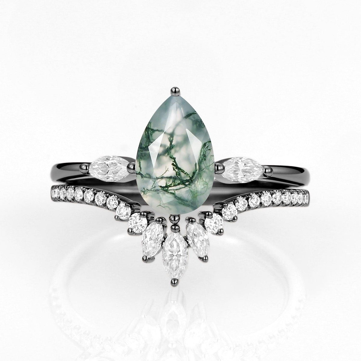 Iris’s Pinions | Pear Cut Moss Agate & Marquise Moissanite Bridal Set 2pcs.