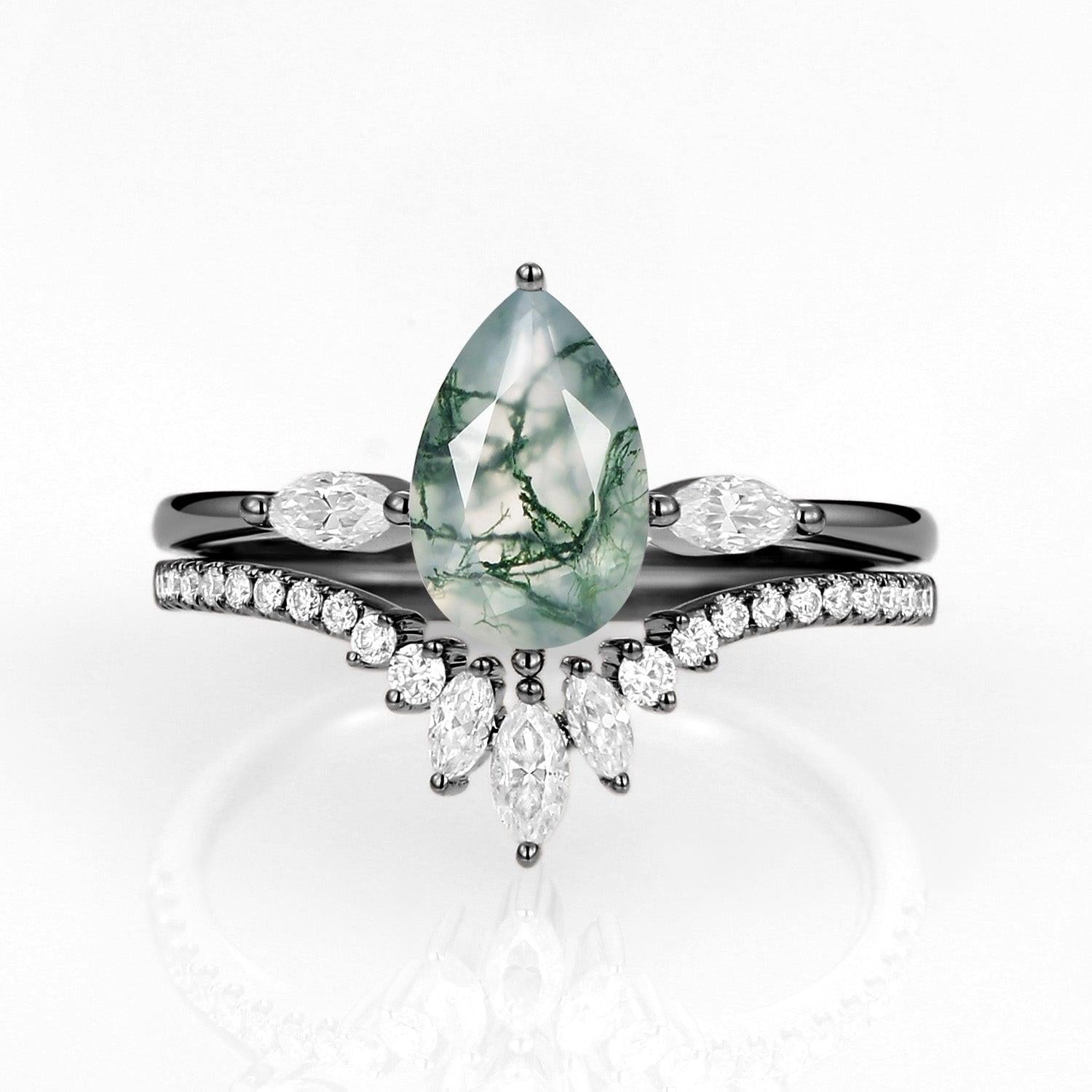 Iris’s Pinions | Pear Cut Moss Agate & Marquise Moissanite Bridal Set 2pcs.