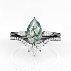 Iris’s Pinions | Pear Cut Moss Agate & Marquise Moissanite Bridal Set 2pcs.