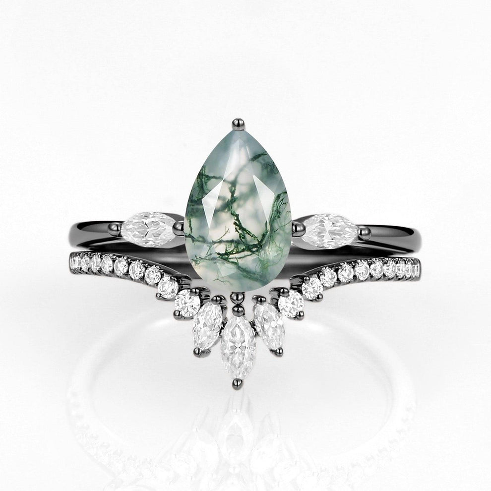 Iris’s Pinions | Pear Cut Moss Agate & Marquise Moissanite Bridal Set 2pcs.