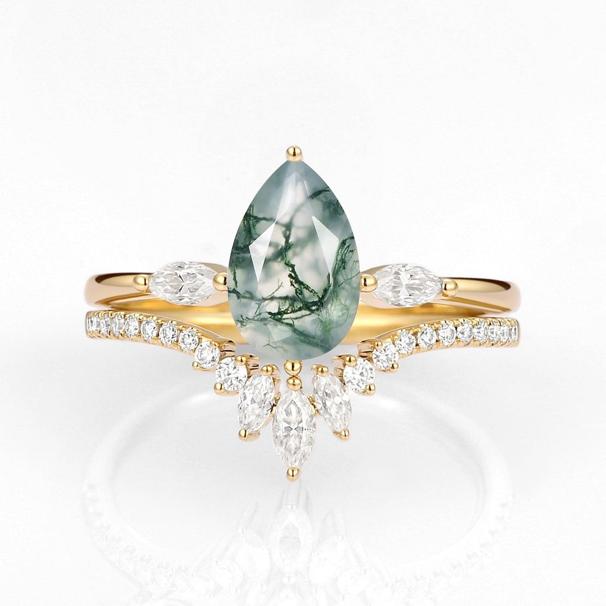 Iris’s Pinions | Pear Cut Moss Agate & Marquise Moissanite Bridal Set 2pcs.