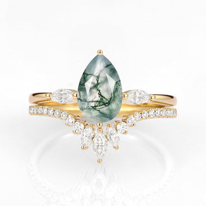 Iris’s Pinions | Pear Cut Moss Agate & Marquise Moissanite Bridal Set 2pcs.