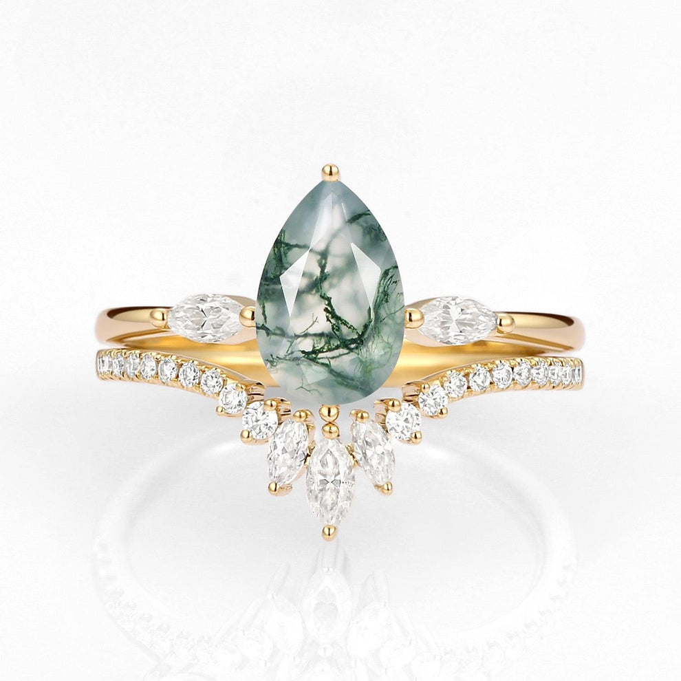 Iris’s Pinions | Pear Cut Moss Agate & Marquise Moissanite Bridal Set 2pcs.
