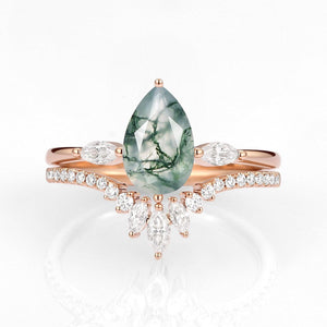Iris’s Pinions | Pear Cut Moss Agate & Marquise Moissanite Bridal Set 2pcs.