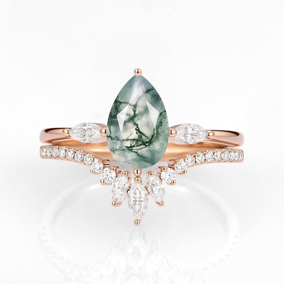 Iris’s Pinions | Pear Cut Moss Agate & Marquise Moissanite Bridal Set 2pcs.