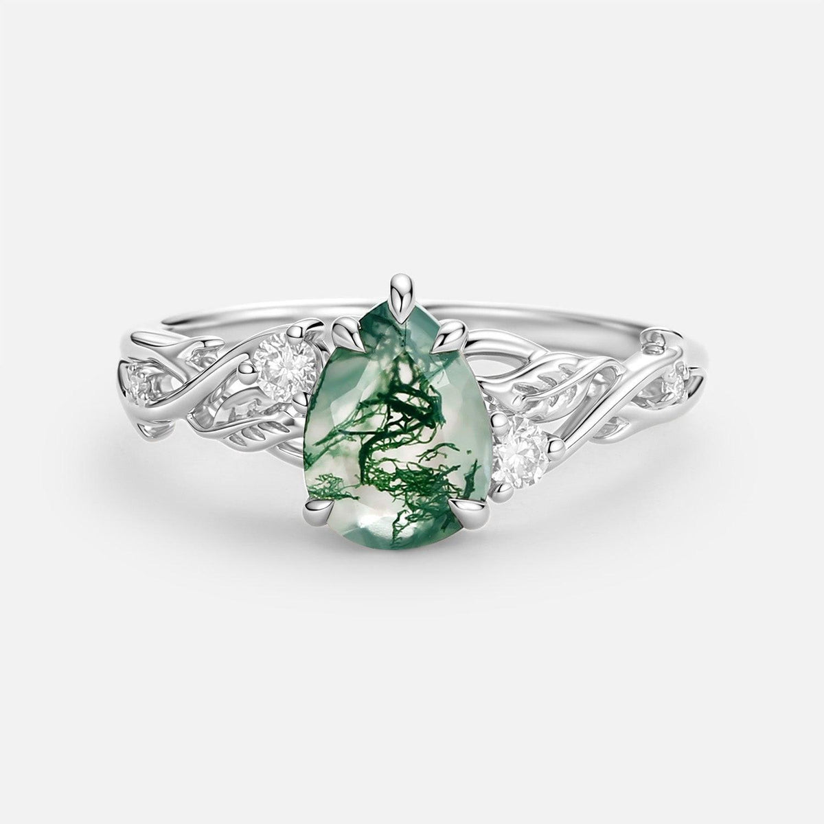 Poire Pear Shaped Moss Agate Leafy Engagement Ring.