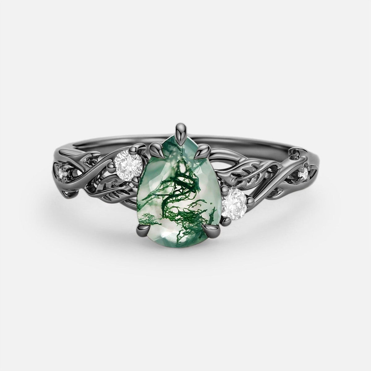 Poire Pear Shaped Moss Agate Leafy Engagement Ring.
