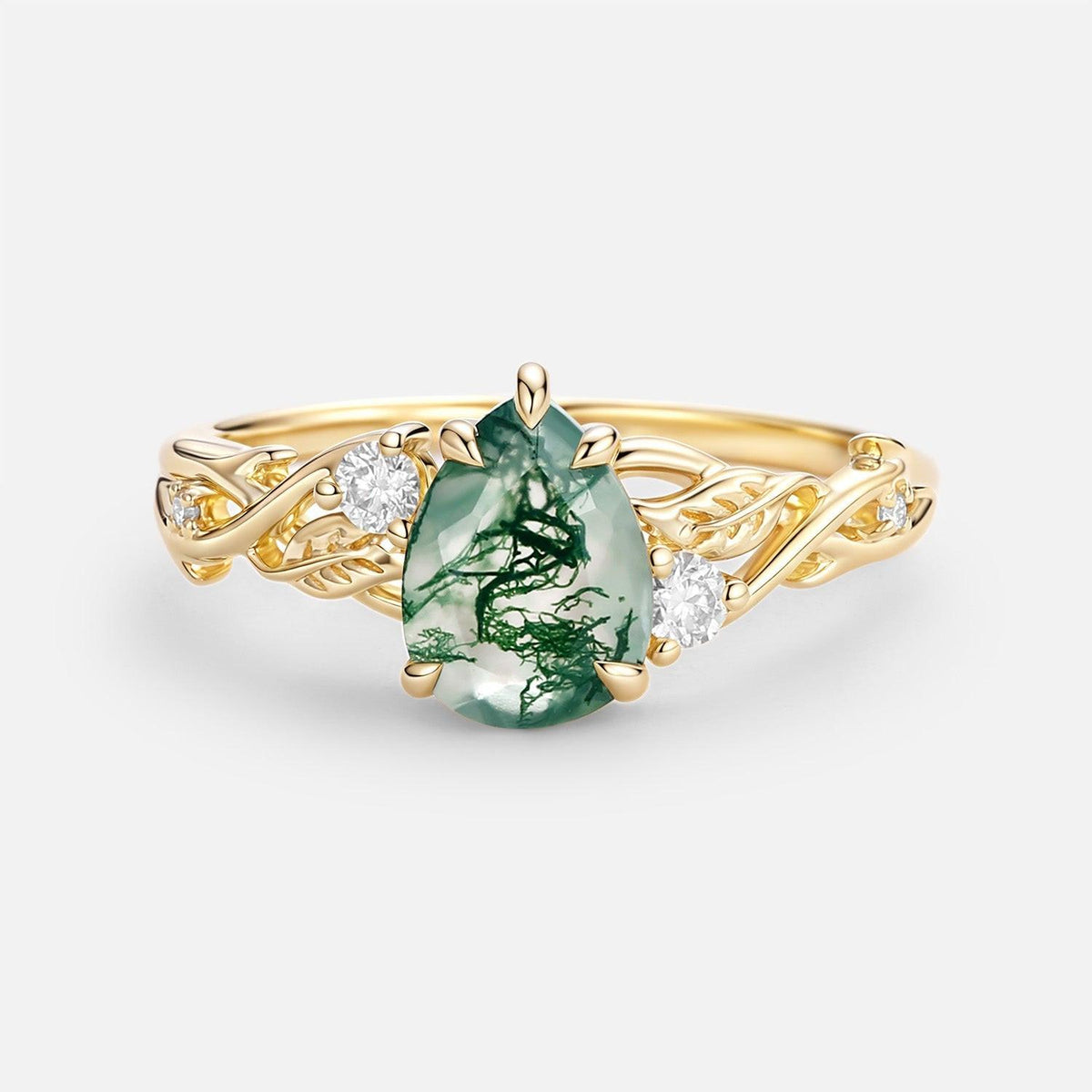 Poire Pear Shaped Moss Agate Leafy Engagement Ring.
