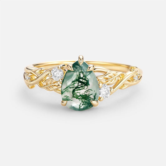 Poire Pear Shaped Moss Agate Leafy Engagement Ring.
