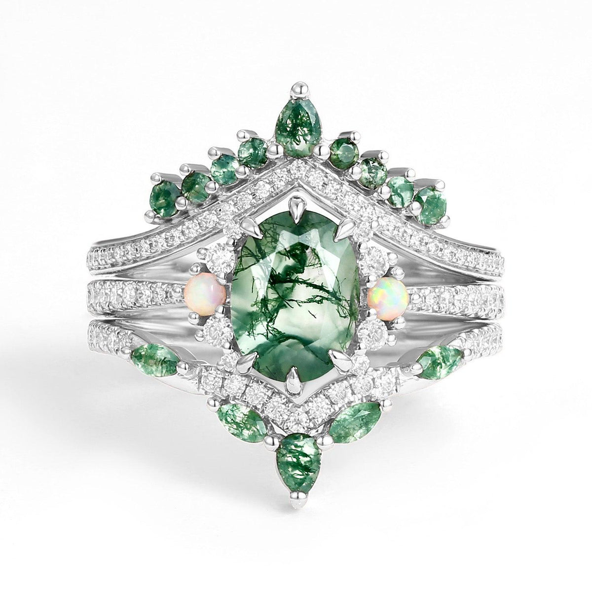 Ethan Unique Oval Cut Moss Agate & Opal Engagement Ring Set 3pcs.