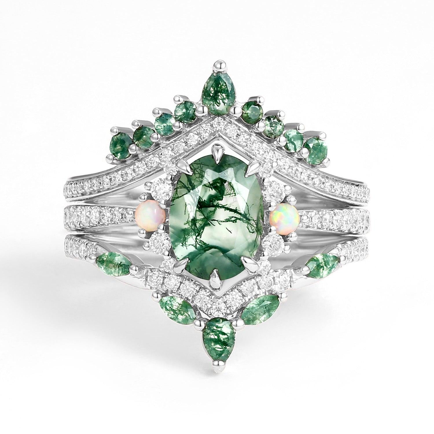 Ethan Unique Oval Cut Moss Agate & Opal Engagement Ring Set 3pcs.