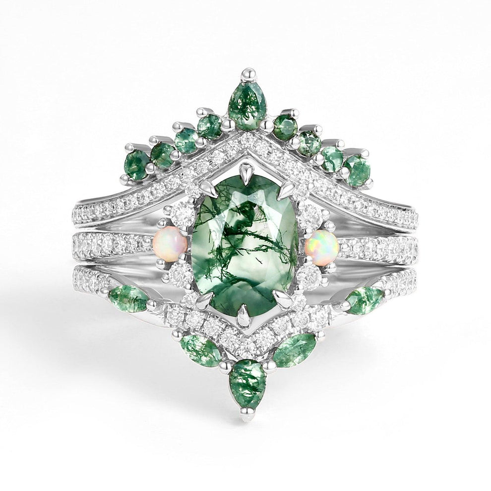 Ethan Unique Oval Cut Moss Agate & Opal Engagement Ring Set 3pcs.
