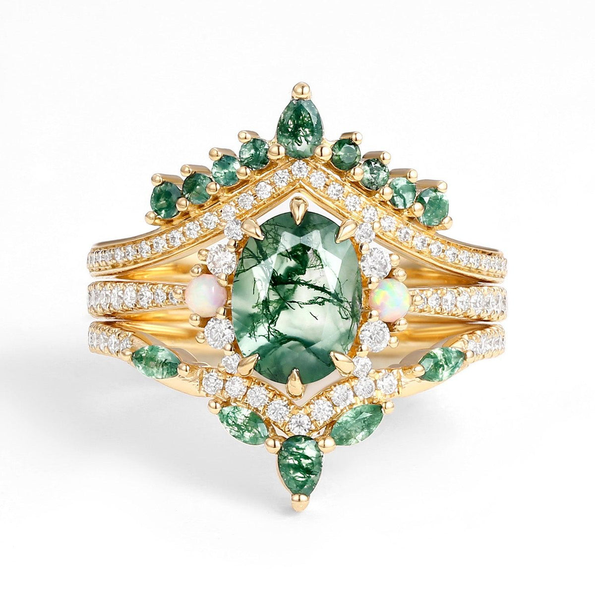 Ethan Unique Oval Cut Moss Agate & Opal Engagement Ring Set 3pcs.