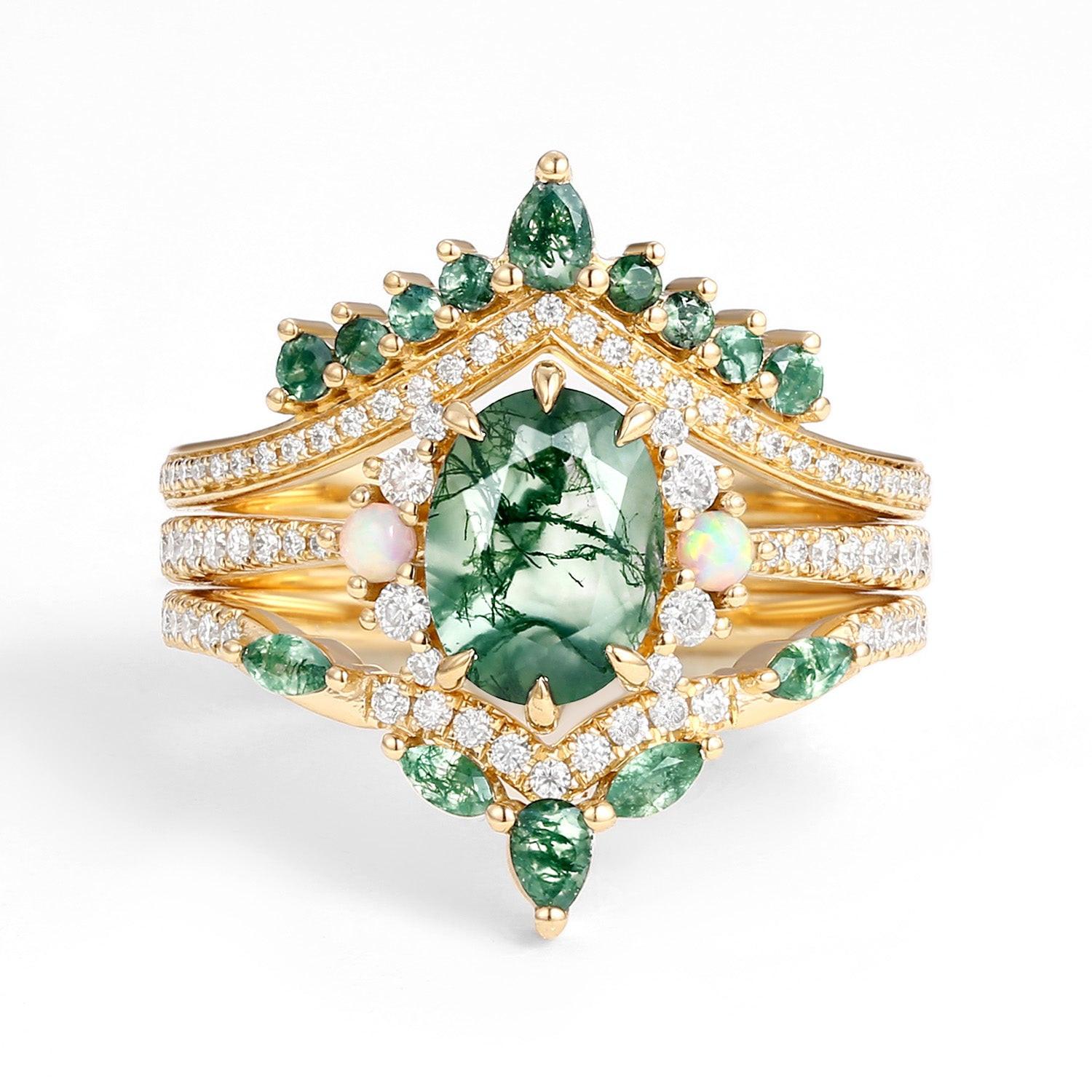 Ethan Unique Oval Cut Moss Agate & Opal Engagement Ring Set 3pcs.