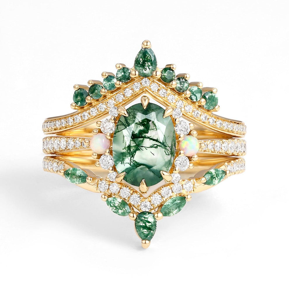 Ethan Unique Oval Cut Moss Agate & Opal Engagement Ring Set 3pcs.