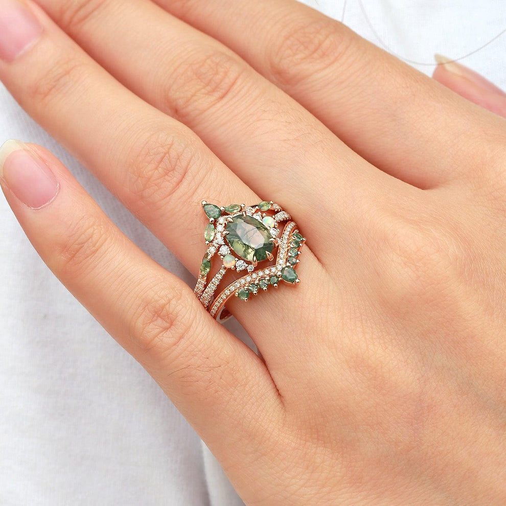 Ethan Unique Oval Cut Moss Agate & Opal Engagement Ring Set 3pcs.