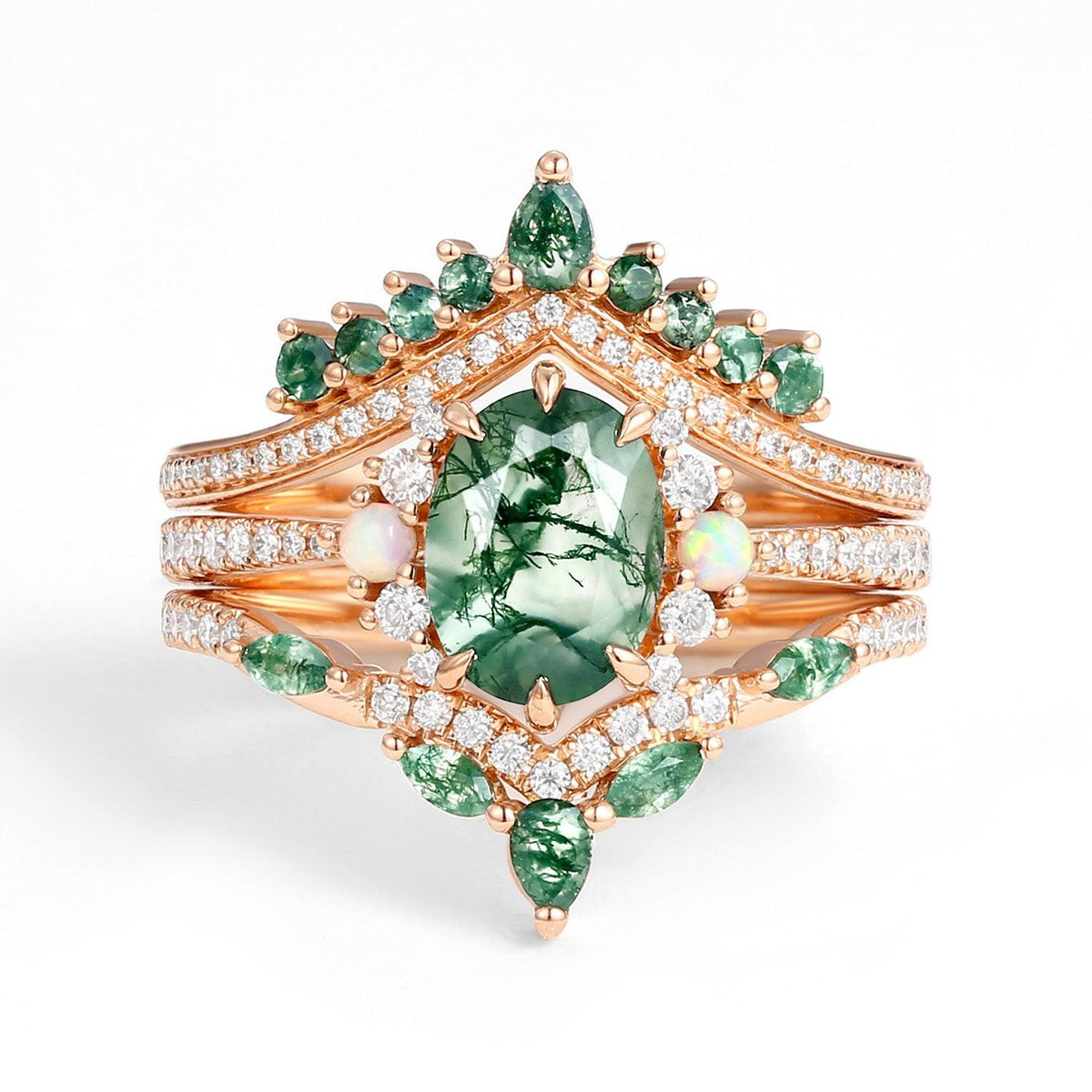 Ethan Unique Oval Cut Moss Agate & Opal Engagement Ring Set 3pcs.