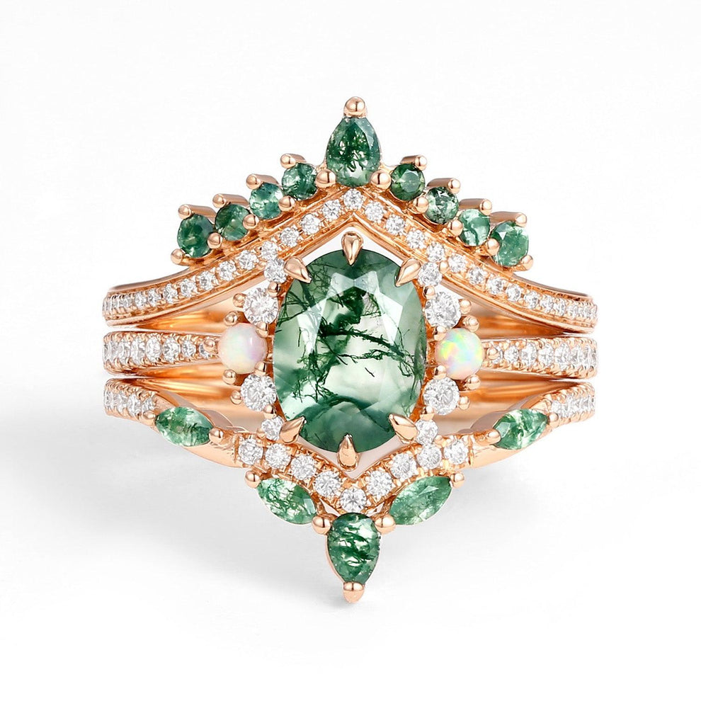 Ethan Unique Oval Cut Moss Agate & Opal Engagement Ring Set 3pcs.