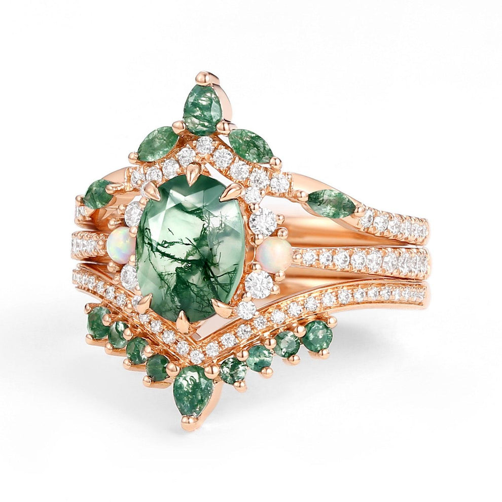 Ethan Unique Oval Cut Moss Agate & Opal Engagement Ring Set 3pcs.