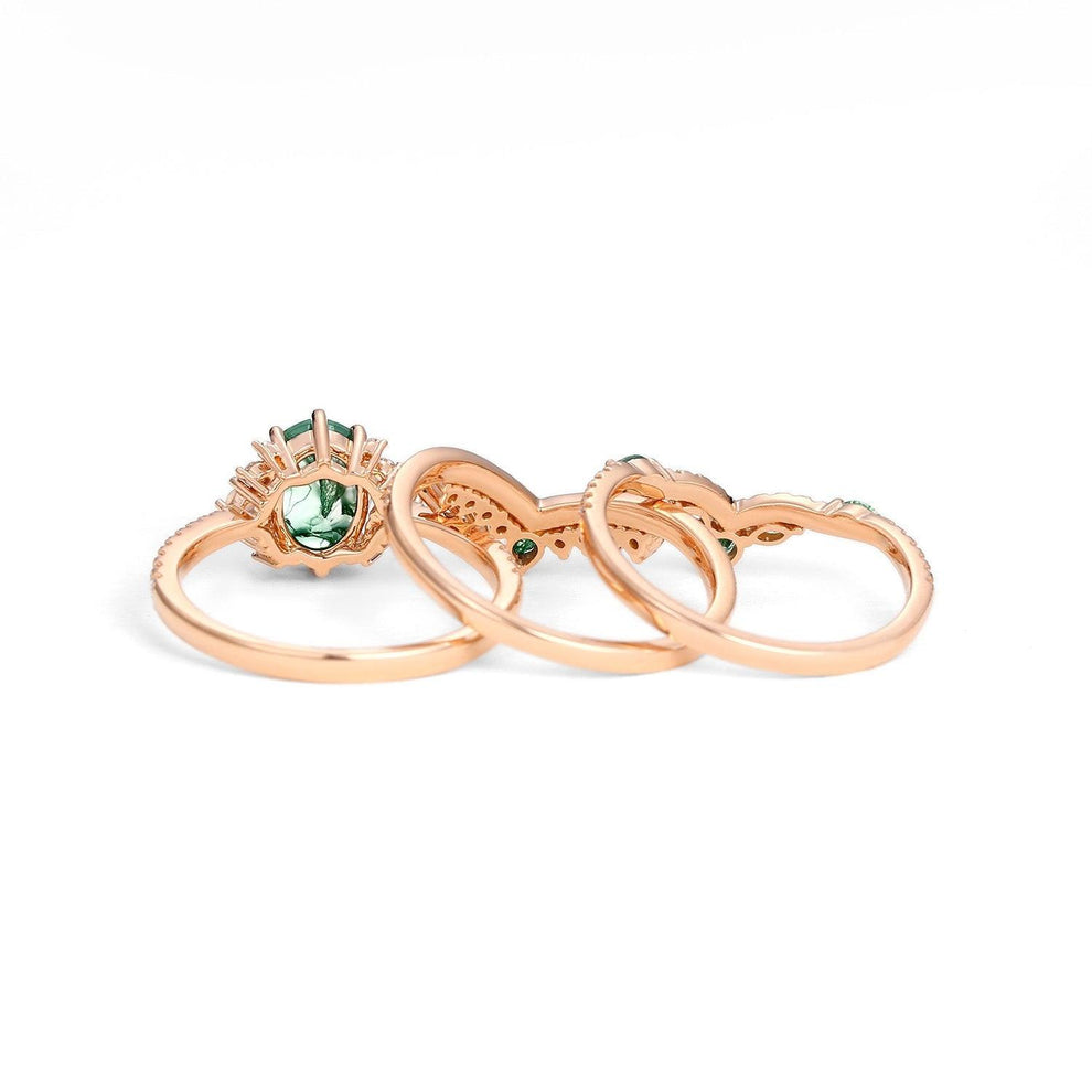 Ethan Unique Oval Cut Moss Agate & Opal Engagement Ring Set 3pcs.