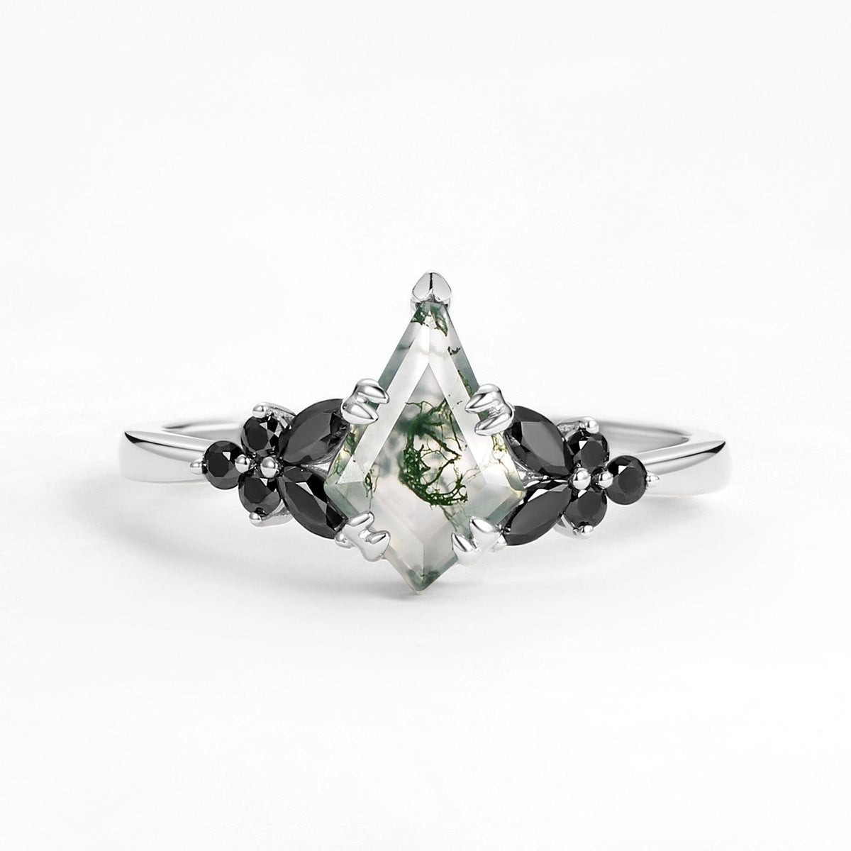 Elara’s Veil | Kite Cut Moss Agate & Onyx Leaf Engagement Ring.