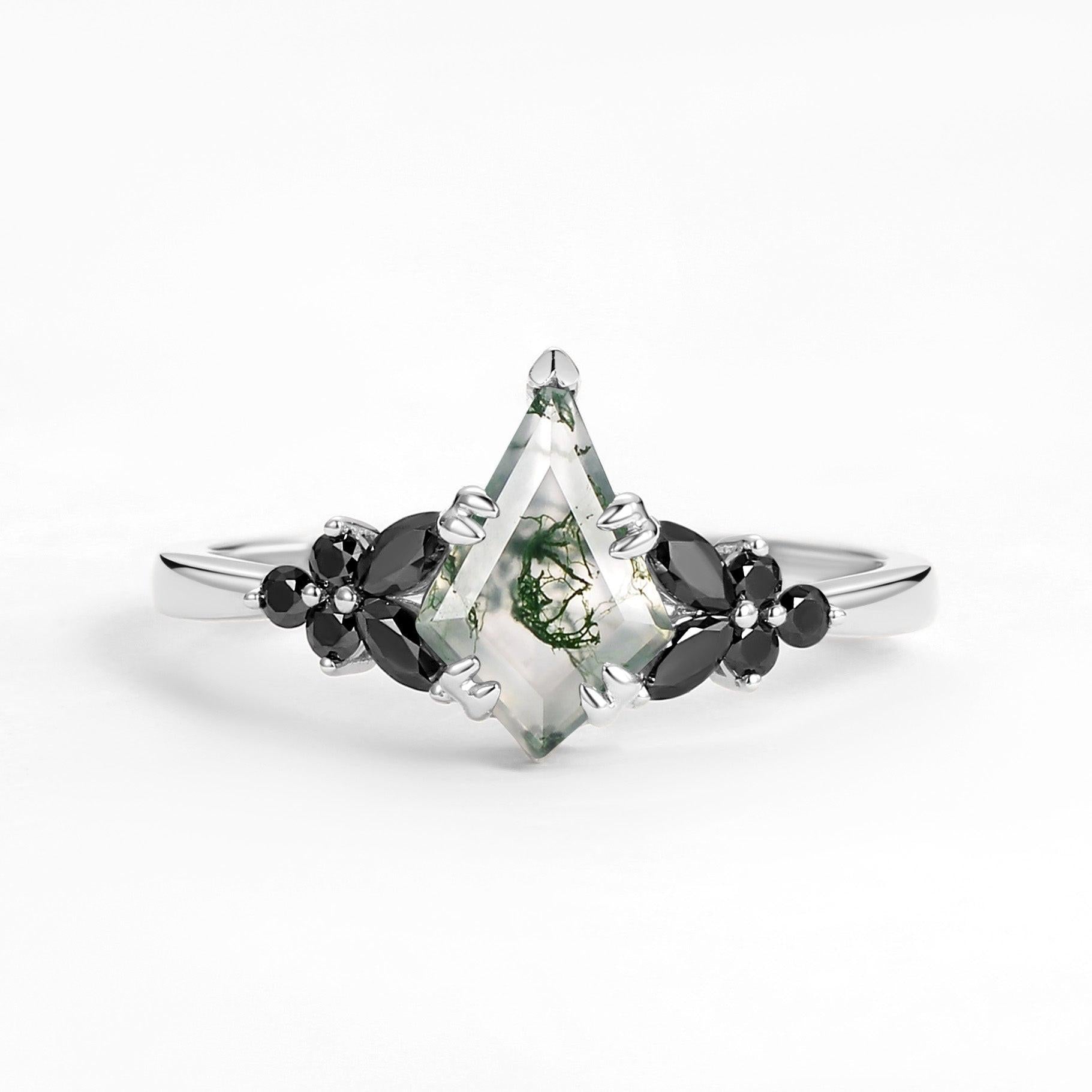 Elara’s Veil | Kite Cut Moss Agate & Onyx Leaf Engagement Ring.
