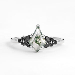 Elara’s Veil | Kite Cut Moss Agate & Onyx Leaf Engagement Ring.