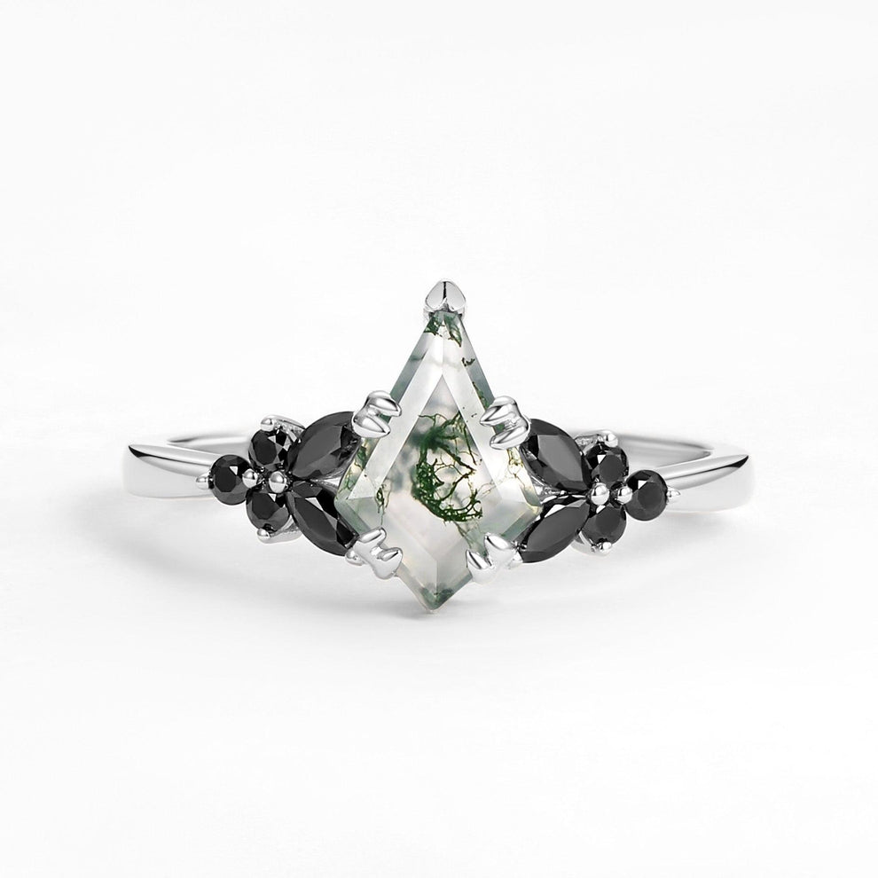 Elara’s Veil | Kite Cut Moss Agate & Onyx Leaf Engagement Ring.