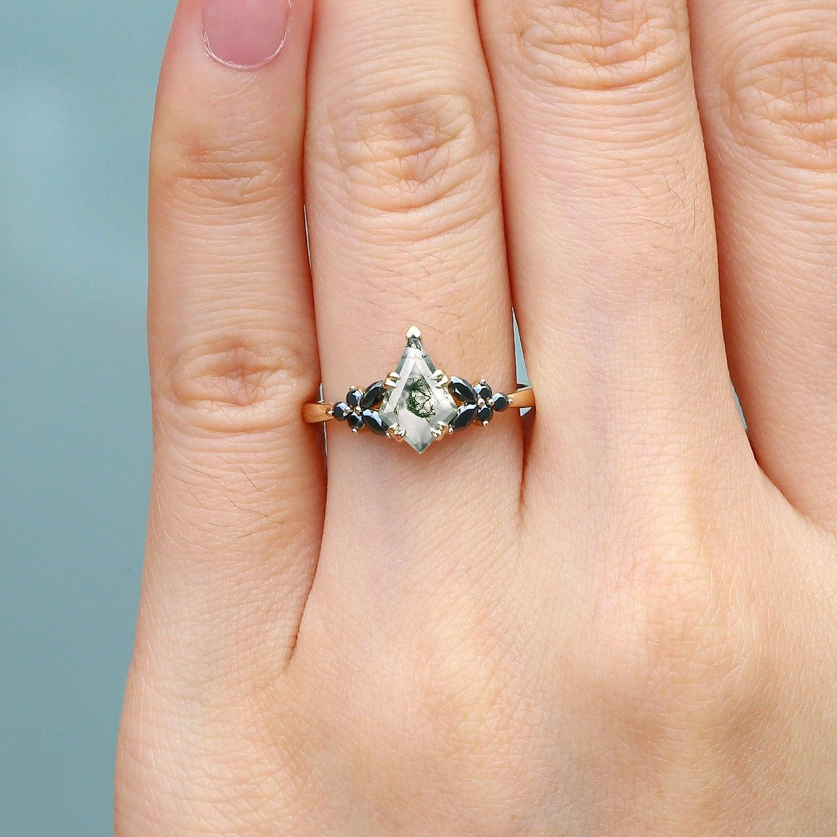 Elara’s Veil | Kite Cut Moss Agate & Onyx Leaf Engagement Ring.