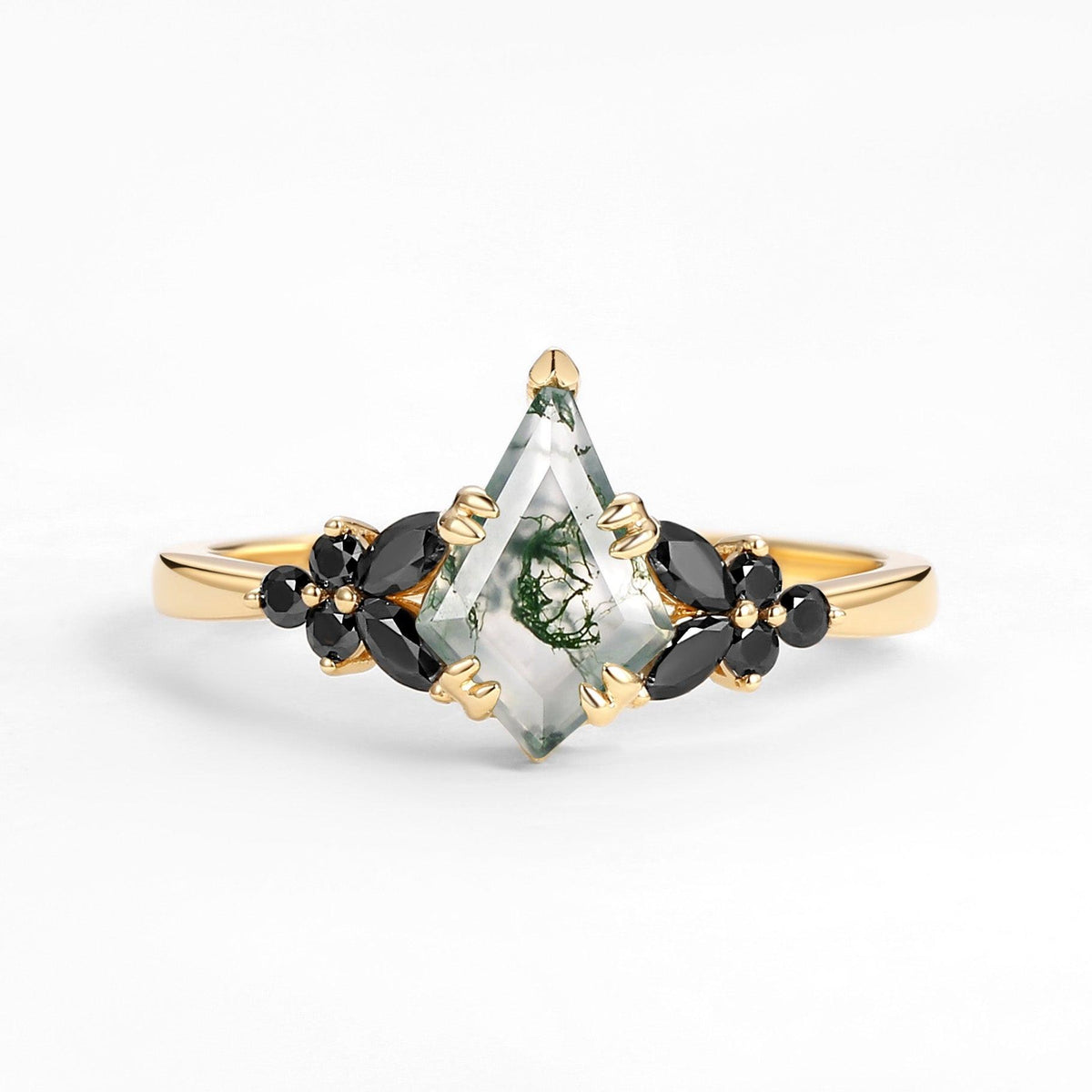 Elara’s Veil | Kite Cut Moss Agate & Onyx Leaf Engagement Ring.