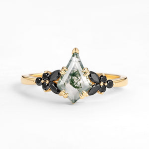 Elara’s Veil | Kite Cut Moss Agate & Onyx Leaf Engagement Ring.