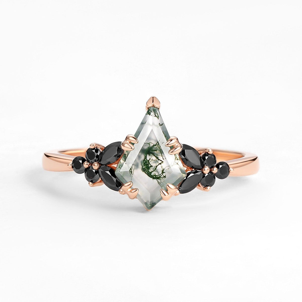 Elara’s Veil | Kite Cut Moss Agate & Onyx Leaf Engagement Ring.
