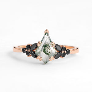 Elara’s Veil | Kite Cut Moss Agate & Onyx Leaf Engagement Ring.
