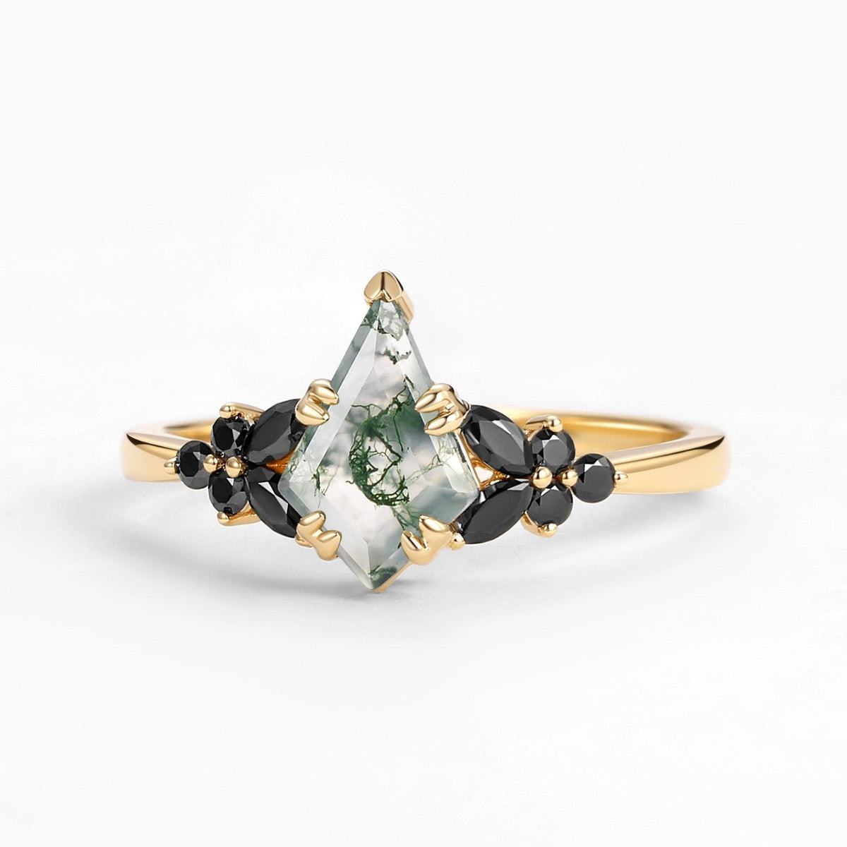 Elara’s Veil | Kite Cut Moss Agate & Onyx Leaf Engagement Ring.
