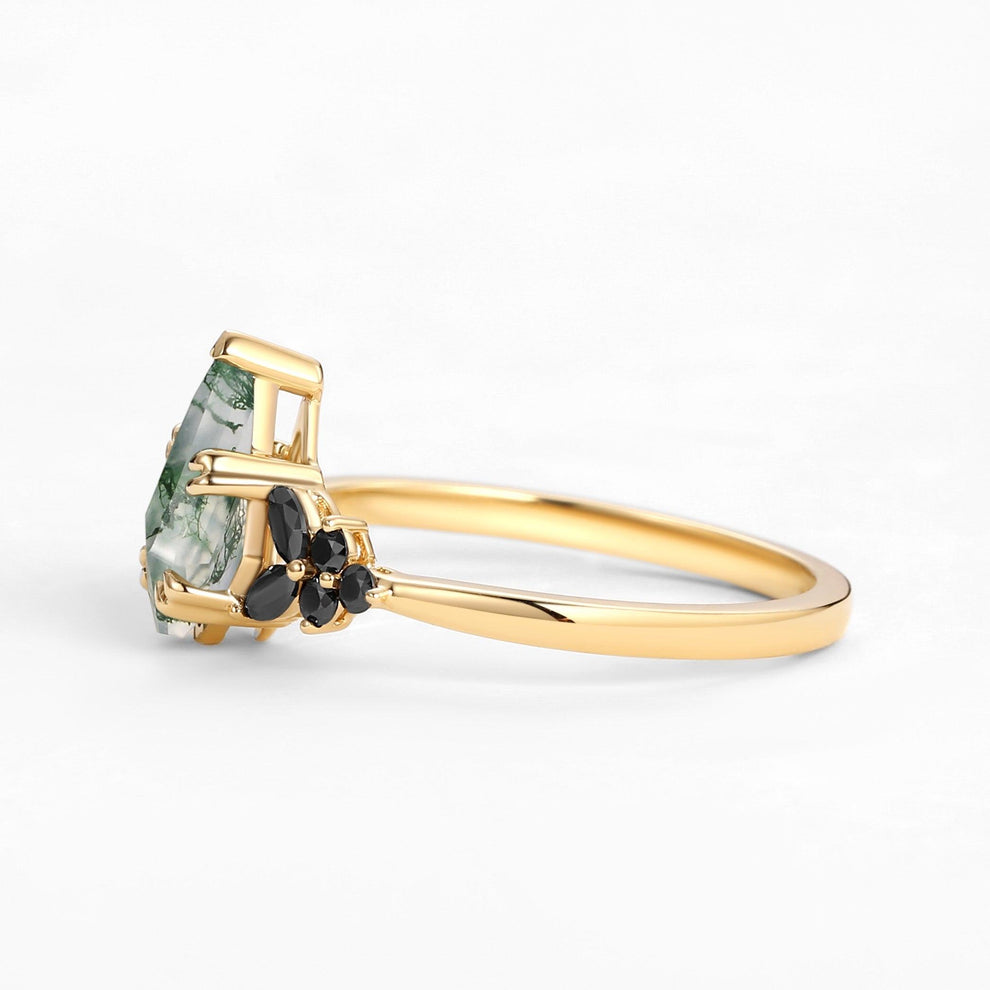 Elara’s Veil | Kite Cut Moss Agate & Onyx Leaf Engagement Ring.