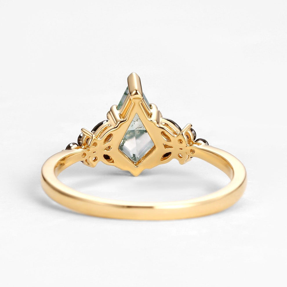 Elara’s Veil | Kite Cut Moss Agate & Onyx Leaf Engagement Ring.