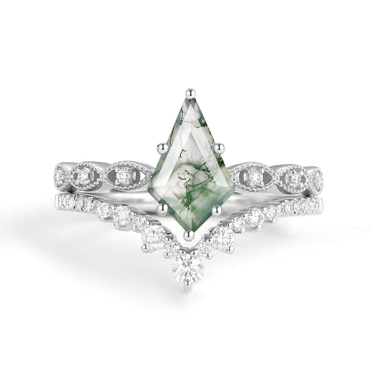 Thalia’s Glade | Vintage Kite Cut Moss Agate Couple Ring Set 3pcs.