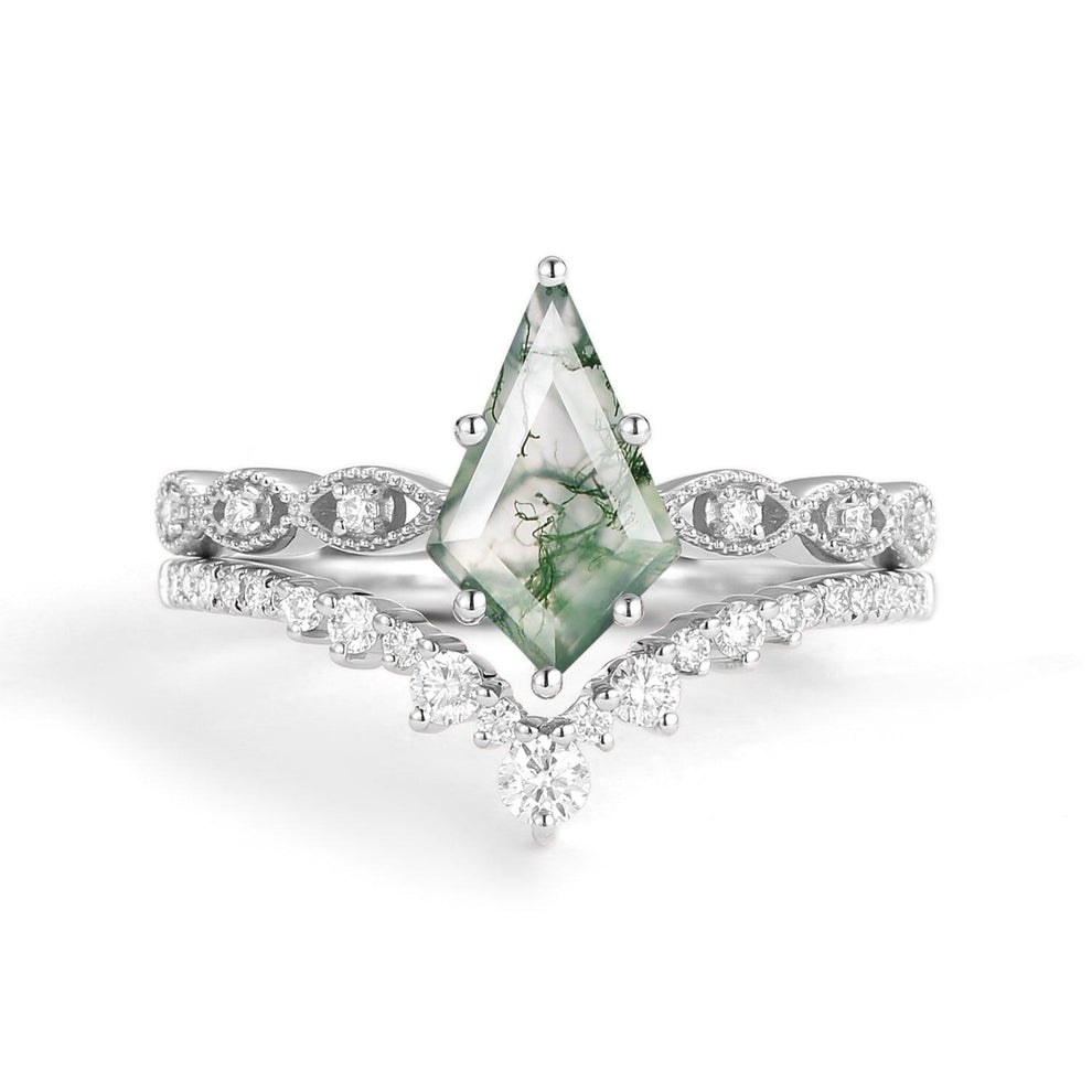 Thalia’s Glade | Vintage Kite Cut Moss Agate Couple Ring Set 3pcs.