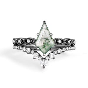 Winona 2.0ct Vintage Kite Cut Moss Agate Engagement Ring Set 2pcs.
