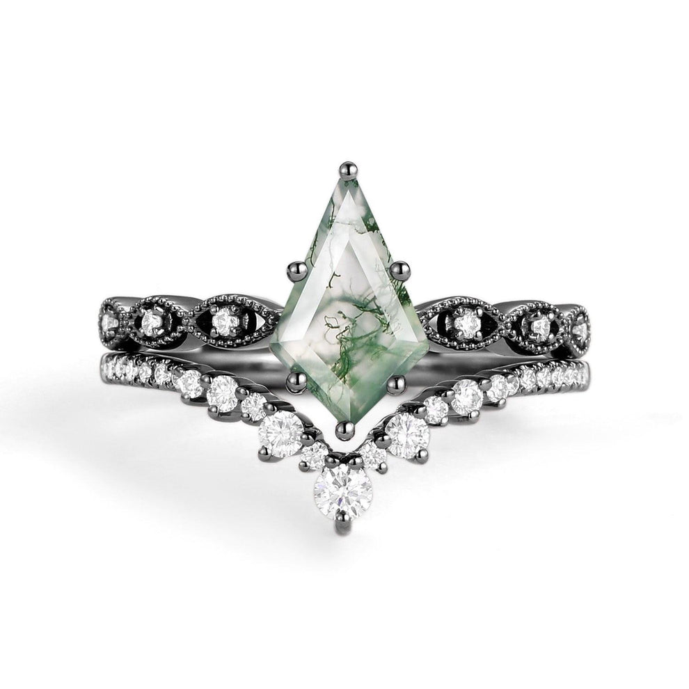 Winona 2.0ct Vintage Kite Cut Moss Agate Engagement Ring Set 2pcs.