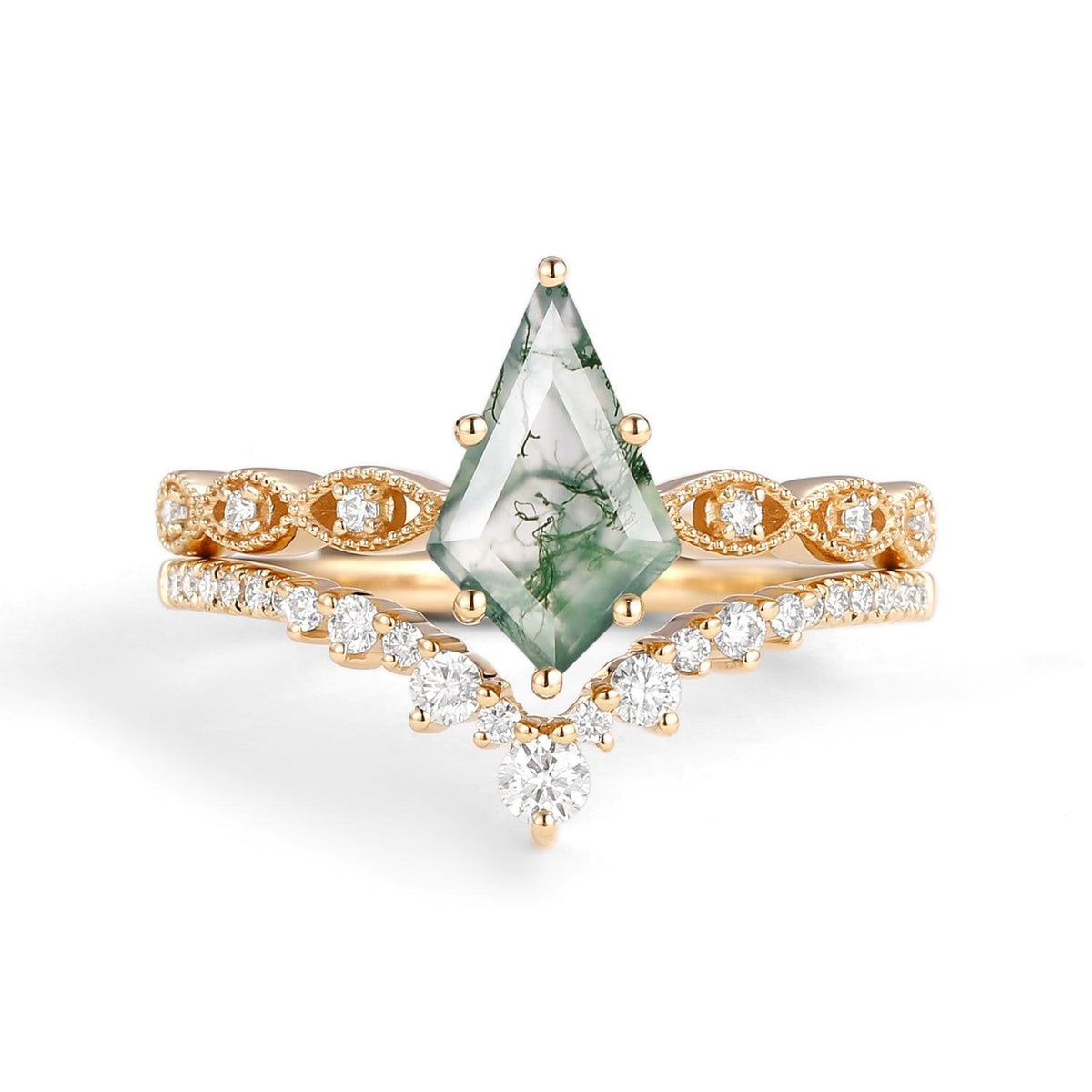 Winona 2.0ct Vintage Kite Cut Moss Agate Engagement Ring Set 2pcs.