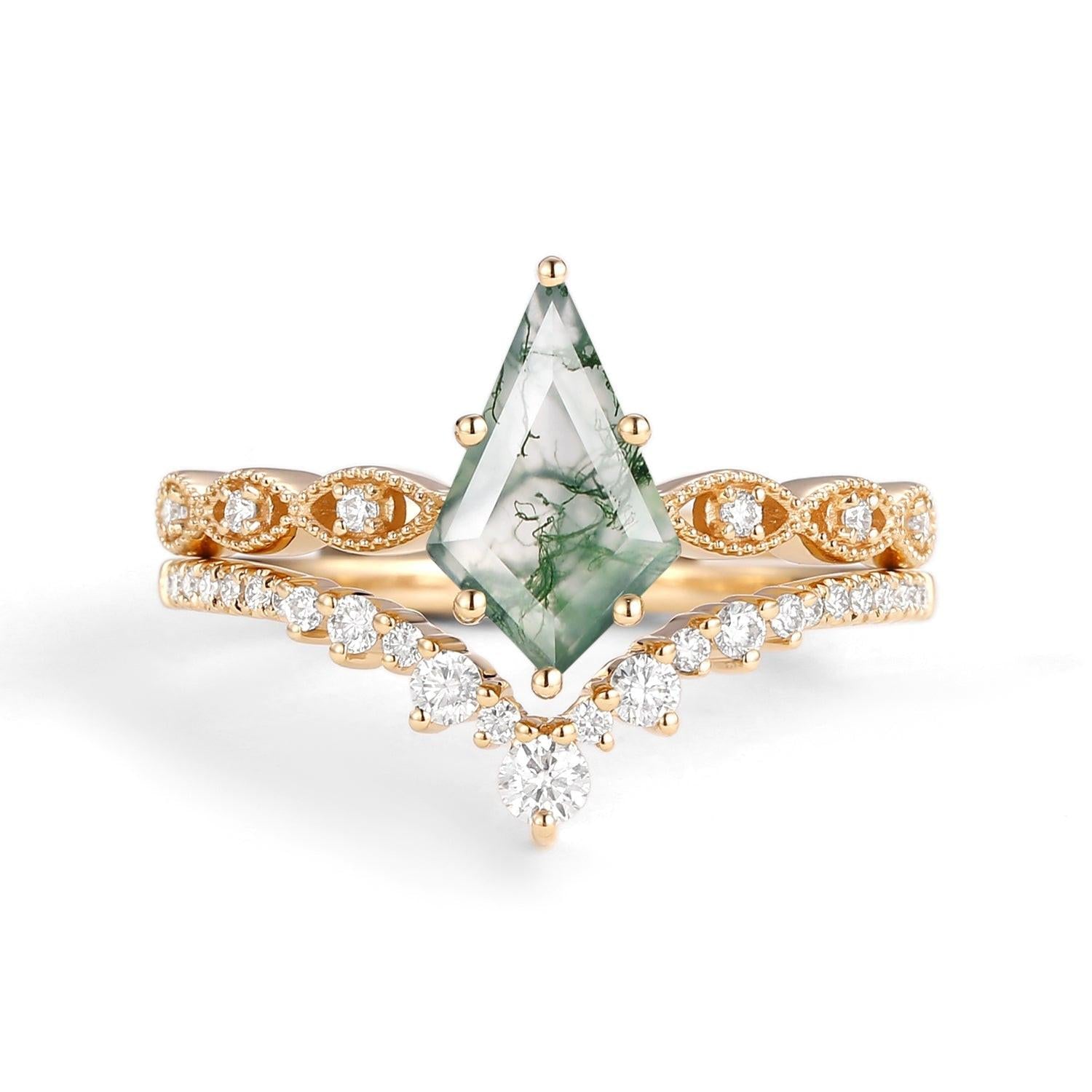 Thalia’s Glade | Vintage Kite Cut Moss Agate Couple Ring Set 3pcs.