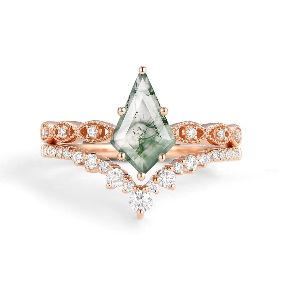 Winona 2.0ct Vintage Kite Cut Moss Agate Engagement Ring Set 2pcs.